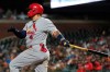St. Louis Cardinals' Yadier Molina watches his RBI single during the seventh inning of the team's baseball game against the San Francisco Giants in San Francisco, Tuesday, July 6, 2021. (AP Photo/Jeff Chiu)