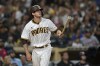 San Diego Padres' Wil Myers watches his three-run home run during the fourth inning of the team's baseball game against the Washington Nationals, Tuesday, July 6, 2021, in San Diego. (AP Photo/Gregory Bull)