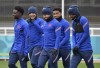 England's Bukayo Saka, Jadon Sancho, Ben Chilwell, Reece James and Markus Rashford, from left, arrive for a training session at St George's Park, Burton upon Trent, England, Tuesday July 6, 2021, ahead of their Euro 2020 soccer championship semifinal match against Denmark in London on Wednesday. (AP Photo/Rui Vieira)