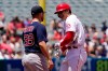Los Angeles Angels' Shohei Ohtani, right, talks with Boston Red Sox second baseman Christian Arroyo after Ohtani hit a single and then advanced to second during the first inning of a baseball game Wednesday, July 7, 2021, in Anaheim, Calif. (AP Photo/Mark J. Terrill)