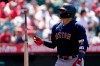 Boston Red Sox's Kiké Hernandez flips his bat after striking out during the fifth inning of a baseball game against the Los Angeles Angels Wednesday, July 7, 2021, in Anaheim, Calif. (AP Photo/Mark J. Terrill)