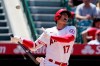 Los Angeles Angels' Shohei Ohtani reacts after being hit by a foul ball during the fifth inning of a baseball game against the Boston Red Sox Wednesday, July 7, 2021, in Anaheim, Calif. (AP Photo/Mark J. Terrill)
