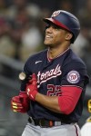 Washington Nationals' Juan Soto reacts while batting during the fifth inning of a baseball game against the San Diego Padres, Wednesday, July 7, 2021, in San Diego. (AP Photo/Gregory Bull)