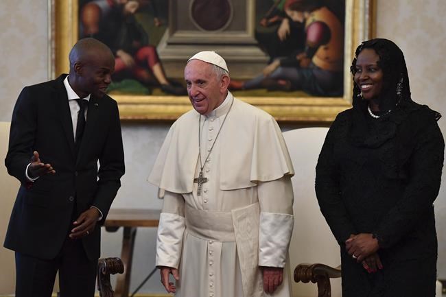 FILE - In this Jan. 26, 2018 file photo, Haiti President Jovenel Moise and his wife Martine Marie Etienne Joseph meet with Pope Francis during a private audience at the Vatican. Pope Francis is sending condolences from the hospital to Haiti following what he said was the “heinous assassination” of its president. In a telegram Thursday signed by the Vatican secretary of state, Francis condemned “all forms of violence as a means of resolving crises and conflicts.” (Alberto Pizzoli/Pool Photo Via AP)