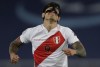 Peru's Gianluca Lapadula reacts during a Copa America semifinal soccer match against Brazil at Nilton Santos stadium in Rio de Janeiro, Brazil, Monday, July 5, 2021. (AP Photo/Silvia Izquierdo)