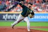 Oakland Athletics starting pitcher Frankie Montas throws against the Houston Astros during the first inning of a baseball game Thursday, July 8, 2021, in Houston. (AP Photo/Michael Wyke)