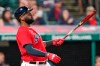 Cleveland Indians' Franmil Reyes watches his three-run home run in the ninth inning of the team's baseball game against the Kansas City Royals, Thursday, July 8, 2021, in Cleveland. The Indians won 7-4. (AP Photo/Tony Dejak)