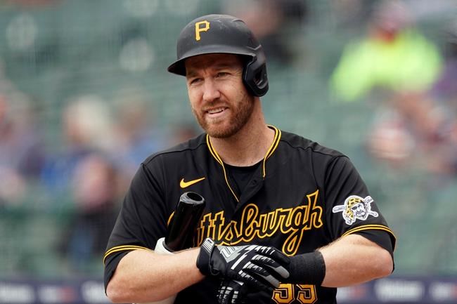 FILE - In this Thursday, April 22, 2021, file photo, Pittsburgh Pirates' Todd Frazier plays during a baseball game against the Detroit Tigers in Detroit, At 35 and close to the end of his baseball career, Frazier is on the U.S. Olympic team for the Tokyo Games. (AP Photo/Carlos Osorio, File)