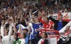 England's fans celebrate after the Euro 2020 soccer championship semifinal match between England and Denmark at Wembley Stadium in London, Wednesday, July 7, 2021. (Andy Rain/Pool via AP)