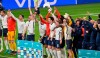 England players celebrate after defeating Denmark in their Euro 2020 soccer championship semifinal at Wembley stadium in London, Wednesday, July 7, 2021. The European Championship final on Sunday pits England, which hasn’t even reached a final since winning the 1966 World Cup, against Italy, one of the continent’s most decorated teams. THE CANADIAN PRESS/AP-Justin Tallis, POOL