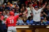 Cincinnati Reds' Joey Votto (19) gestures to an umpire after striking out during the eighth inning of a baseball game against the Milwaukee Brewers, Saturday, July 10, 2021, in Milwaukee. Votto was ejected from the game. (AP Photo/Aaron Gash)