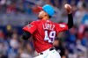 Miami Marlins starting pitcher Pablo Lopez (49) throws during the first inning of a baseball game against the Atlanta Braves, Sunday, July 11, 2021, in Miami. (AP Photo/Lynne Sladky)