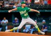 Oakland Athletics starting pitcher Chris Bassitt throws against the Texas Rangers during the first inning of a baseball game in Arlington, Texas, Sunday, July 11, 2021. (AP Photo/Ray Carlin)