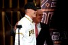 Louisville's Henry Davis stands with MLB Commissioner Rob Manfred after being selected by Pittsburgh Pirates as the number one overall pick in the first round of the 2021 MLB baseball draft, Sunday, July 11, 2021, in Denver. (AP Photo/David Zalubowski)