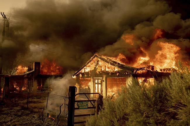 Fire consumes homes as the Sugar Fire, part of the Beckwourth Complex Fire, tears through Doyle, Calif., on Saturday, July 10, 2021. Pushed by heavy winds, the fire came out of the hills and destroyed multiple residences in central Doyle. (AP Photo/Noah Berger)