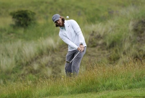 England's Tommy Fleetwood during the preview day of the British Open Golf Championship at The Royal St George's Golf Club in Sandwich, England, Monday July 12, 2021. (Gareth Fuller/PA via AP)