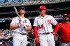National League's Juan Soto, of the Washington Nationals, and National League's Pete Alonso, of the New York Mets, watch during batting practice for the MLB All-Star baseball game, Monday, July 12, 2021, in Denver. (AP Photo/Gabriel Christus)