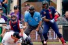 American League's Vladimir Guerrero Jr., of the Toronto Blue Jays, lines a ground out back to the mound as National League's Max Scherzer, of the Washington Nationals, tries to avoid being hit during the first inning of the MLB All-Star baseball game, Tuesday, July 13, 2021, in Denver. (AP Photo/Gabriel Christus)