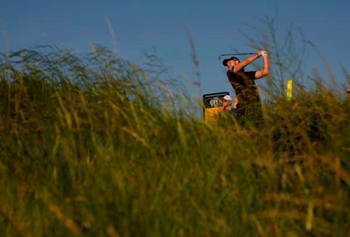 England's Danny Willett play his shot from the 3rd tee during the first round British Open Golf Championship at Royal St George's golf course Sandwich, England, Thursday, July 15, 2021. (AP Photo/Alastair Grant)