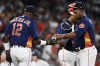 Houston Astros starting pitcher Framber Valdez, right, his removed by manager Dusty Baker Jr. (12) during the fifth inning of a baseball game against the New York Yankees, Sunday, July 11, 2021, in Houston. (AP Photo/Eric Christian Smith)