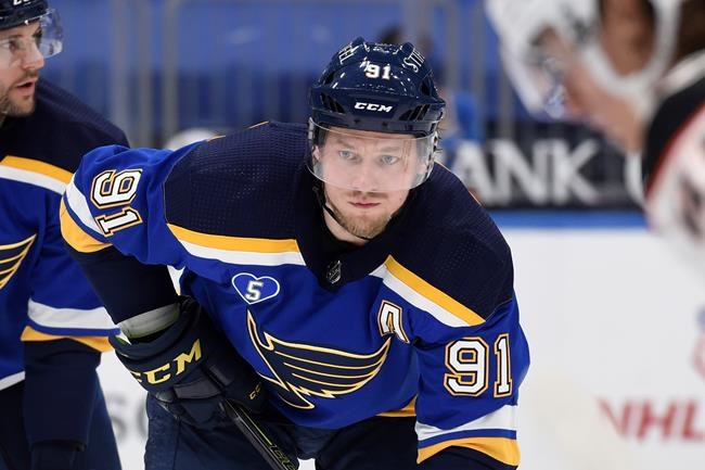 FILE - In this March 26, 2021, file photo, St. Louis Blues' Vladimir Tarasenko (91) waits for a face-off during the third period of an NHL hockey game against the Anaheim Ducks in St. Louis. Tarasenko is an option two years removed from hoisting the Stanley Cup after asking the Blues for a trade. The league released the protected lists of all 30 teams eligible for the expansion draft Sunday morning, July 18. (AP Photo/Joe Puetz, File)