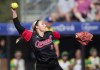 Canada's Danielle Lawrie pitches during first inning playoff action against Brazil at the Softball Americas Olympic Qualifier tournament in Surrey, B.C., on Sept. 1, 2019. The 34-year-old right-hander was part of the Canadian team that saw its heart broken at the Beijing Games in 2008, finishing fourth after being edged 5-3 by Australia in the semifinals. THE CANADIAN PRESS/Darryl Dyck