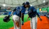 Tampa Bay Rays' Randy Arozarena (56) celebrates with Brett Phillips as he returns to the dugout after hitting a solo home run off Baltimore Orioles starter John Means during the third inning of a baseball game Tuesday, July 20, 2021, in St. Petersburg, Fla. (AP Photo/Steve Nesius)