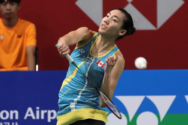 Canada's Michelle Li returns a shot during women's semifinal match against China's He Bing Jiao at the Korea Open Badminton in Incheon, South Korea, Saturday, Sept. 28, 2019. THE CANADIAN PRESS/AP/Ahn Young-joon