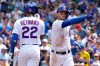 Chicago Cubs' Willson Contreras, right, celebrates with Jason Heyward after hitting a solo home run during the fourth inning of a baseball game against the Arizona Diamondbacks in Chicago, Saturday, July 24, 2021. (AP Photo/Nam Y. Huh)