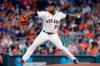 Houston Astros starting pitcher Framber Valdez throws to a Texas Rangers batter during the first inning of a baseball game Saturday, July 24, 2021, in Houston. (AP Photo/Michael Wyke)