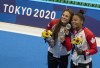 Canadian divers Jennifer Abel (Right) and Melissa Citrini-Beaulieu show off their medals after winning silver in the women's three-metre synchronized springboard diving during the Tokyo Olympics in Tokyo, Japan on Sunday, July 25, 2020. THE CANADIAN PRESS/ Frank Gunn