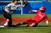 Japan's Yuka Ichiguchi, right, steals second base under the tag of Canada's Kelsey Harshman, left, in a softball game in Yokohama Baseball Stadium, at the 2020 Summer Olympics, Sunday, July 25, 2021, in Yokohama, Japan. THE CANADIAN PRESS/AP/Sue Ogrocki