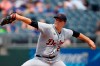 Detroit Tigers pitcher Tarik Skubal throws against a Kansas City Royals batter during the first inning of a baseball game at Kauffman Stadium in Kansas City, Mo., Sunday, July 25, 2021. (AP Photo/Colin E. Braley)
