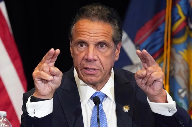 New York Gov. Andrew Cuomo speaks during a news conference at New York's Yankee Stadium, Monday, July 26, 2021. (AP Photo/Richard Drew)