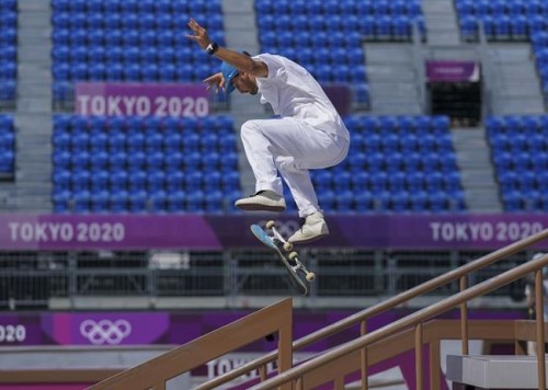 Vincent Milou of France competes in Men’s Street Skateboarding during the Tokyo Olympics in Tokyo, Japan, Sunday, July 25, 2021. There are few cheering fans in the stands or proud parents beaming from the sidelines. Still, for viewers watching and streaming from home, are the 2020 Summer Olympics really that different as a viewing experience? THE CANADIAN PRESS/Nathan Denette