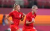 Canada's Adriana Leon, left, celebrates with teammate Sophie Schmidt after scoring her side's opening goal against Great Britain during a women's soccer match at the 2020 Summer Olympics, Tuesday, July 27, 2021, in Kashima, Japan. THE CANADIAN PRESS/AP/Fernando Vergara