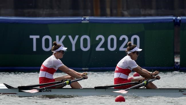 Canada's Gabrielle Smith and Jessica Sevick compete in the women's double sculls rowing final event during the Tokyo Summer Olympic Games, in Tokyo, Wednesday, July 28, 2021. THE CANADIAN PRESS/Adrian Wyld
