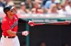 Cleveland Indians' Cesar Hernandez watches his two-run home run in the third inning of a baseball game against the St. Louis Cardinals, Wednesday, July 28, 2021, in Cleveland. (AP Photo/Tony Dejak)