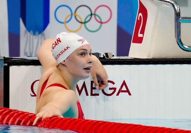Canada's Penny Oleksiak reacts following the women's 100m freestyle final during the Tokyo Summer Olympic Games, in Tokyo, Friday, July 30, 2021. THE CANADIAN PRESS/Frank Gunn
