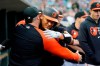 Baltimore Orioles' Pedro Severino is greeted in the dugout after his solo home run during the fifth inning of a baseball game against the Detroit Tigers, Friday, July 30, 2021, in Detroit. (AP Photo/Carlos Osorio)