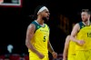 Australia's Patty Mills (5) celebrates after a score against Germany during a men's basketball preliminary round game at the 2020 Summer Olympics, Saturday, July 31, 2021, in Saitama, Japan. (AP Photo/Eric Gay)