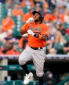 Baltimore Orioles' Maikel Franco rounds the bases after a solo home run during the fifth inning of a baseball game against the Detroit Tigers, Saturday, July 31, 2021, in Detroit. (AP Photo/Carlos Osorio)