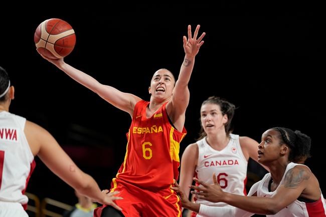 Spain's Silvia Dominguez (6) drives to the basket during women's basketball preliminary round game against Canada at the 2020 Summer Olympics, Sunday, Aug. 1, 2021, in Saitama, Japan. (AP Photo/Eric Gay)