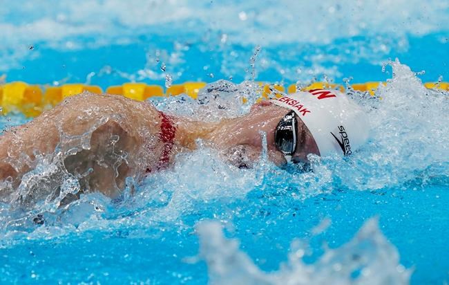 Canada's Penny Oleksiak swims to a bronze medal in the women's 4 x 100m medley relay final during the Tokyo Summer Olympic Games, in Tokyo, Sunday, August 1, 2021. THE CANADIAN PRESS/Adrian Wyld