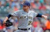 Milwaukee Brewers pitcher Brett Anderson works against the Atlanta Braves during the first inning of a baseball game Sunday, Aug. 1, 2021, in Atlanta. (AP Photo/Ben Margot)