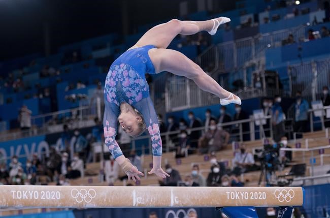 Canadian gymnast Ellie Black, from Halifax, competes in the balance beam final at the 2020 Tokyo Olympics, Tuesday, August 3, 2021 in Tokyo, Japan. THE CANADIAN PRESS/Adrian Wyld