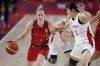 Belgium's Kim Mestdagh (5) drives up court past Japan's Moeko Nagaoka (0) during a women's basketball quarterfinal round game at the 2020 Summer Olympics, Wednesday, Aug. 4, 2021, in Saitama, Japan. (AP Photo/Charlie Neibergall)