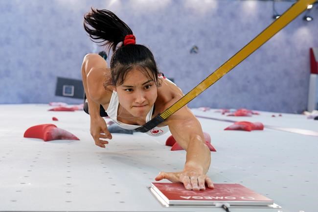 Alannah Yip, of Canada, during the speed qualification portion of the women's sport climbing competition at the 2020 Summer Olympics, Wednesday, Aug. 4, 2021, in Tokyo, Japan. THE CANADIAN PRESS/AP/Tsuyoshi Ueda/Pool Photo via AP