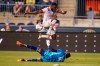 Philadelphia Union goalkeeper Andre Blake, left, defends the shot by Toronto FC defender Kemar Lawrence, right, during the first half of an MLS soccer match, Wednesday, Aug. 4, 2021, in Chester, Pa. THE CANADIAN PRESS/AP-Christopher Szagola