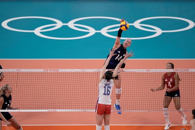 United States' Michelle Bartsch-Hackley hits the ball during the women's volleyball semifinal match between Serbia and United States at the 2020 Summer Olympics, Friday, Aug. 6, 2021, in Tokyo, Japan. (AP Photo/Manu Fernandez)